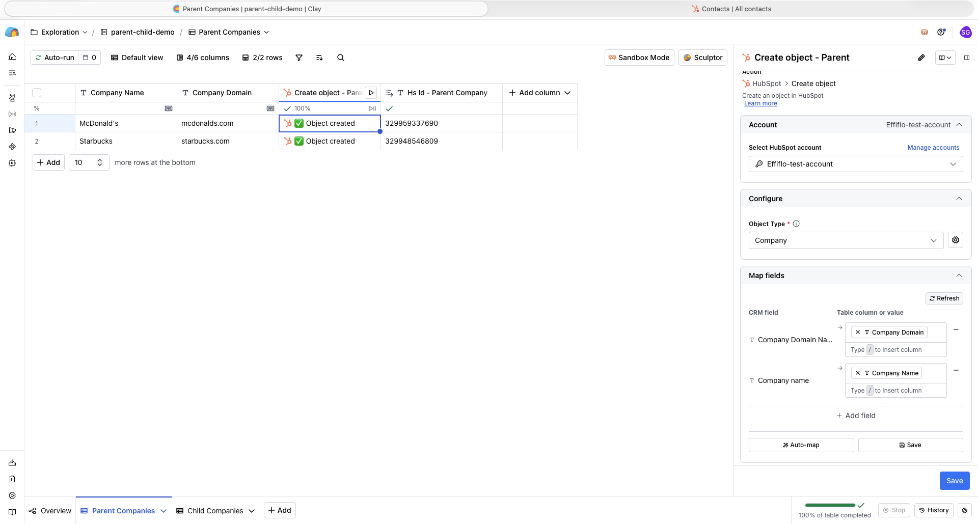 Clay Create object action config for the parent company