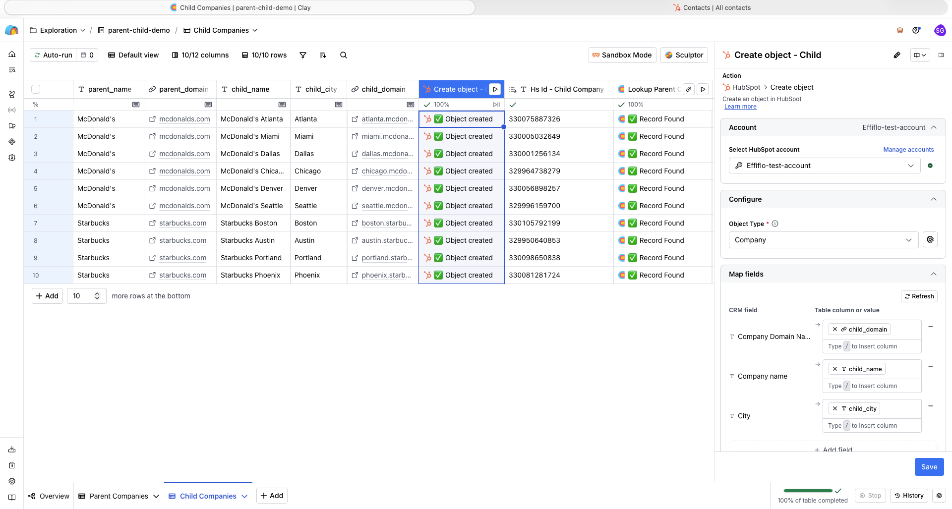 Clay Create object config for child companies