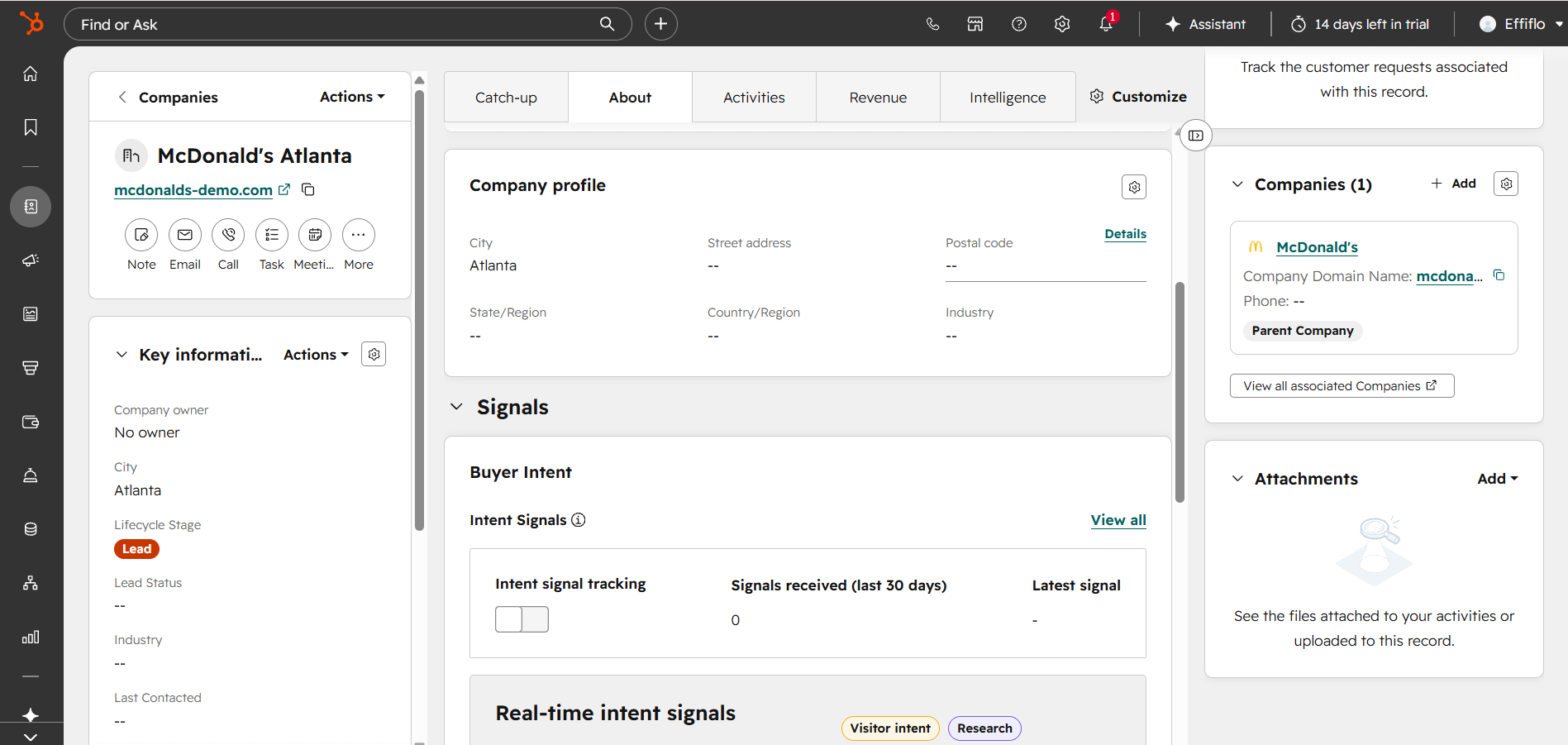 HubSpot: McDonald's Atlanta showing McDonald's as its Parent Company
