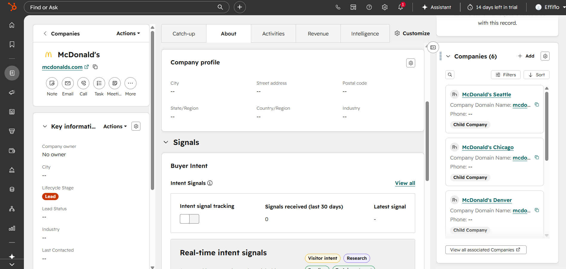 HubSpot: McDonald's parent showing all six child locations
